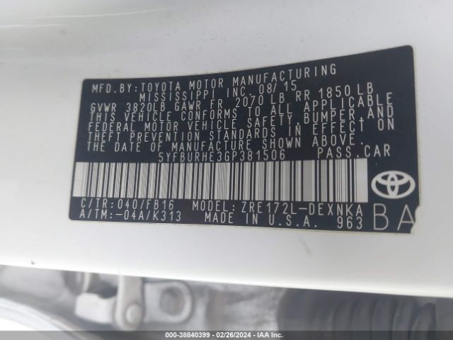 Photo 8 VIN: 5YFBURHE3GP381506 - TOYOTA COROLLA 