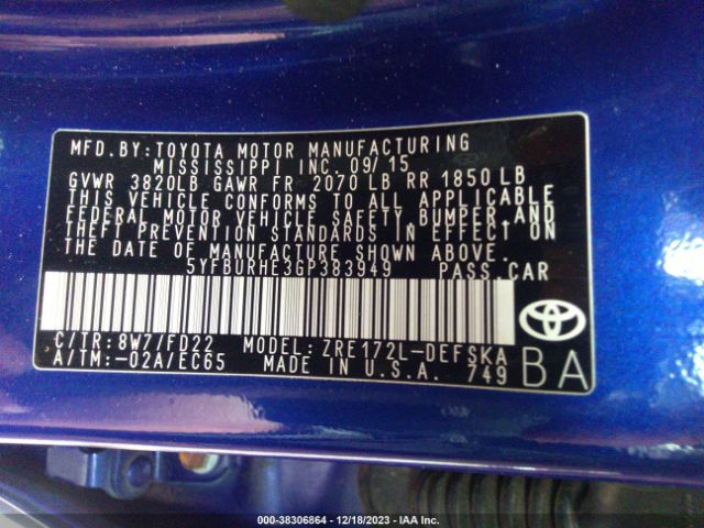 Photo 8 VIN: 5YFBURHE3GP383949 - TOYOTA COROLLA 