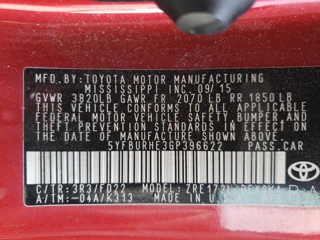 Photo 9 VIN: 5YFBURHE3GP396622 - TOYOTA COROLLA L 