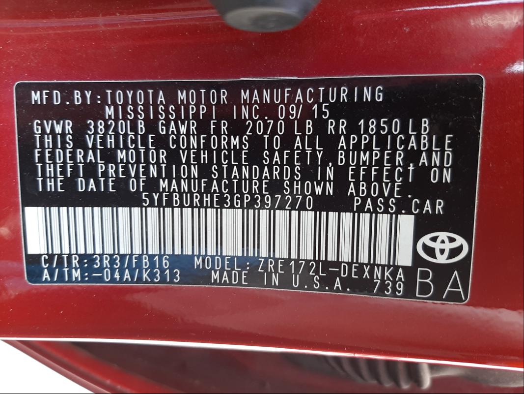 Photo 9 VIN: 5YFBURHE3GP397270 - TOYOTA COROLLA L 