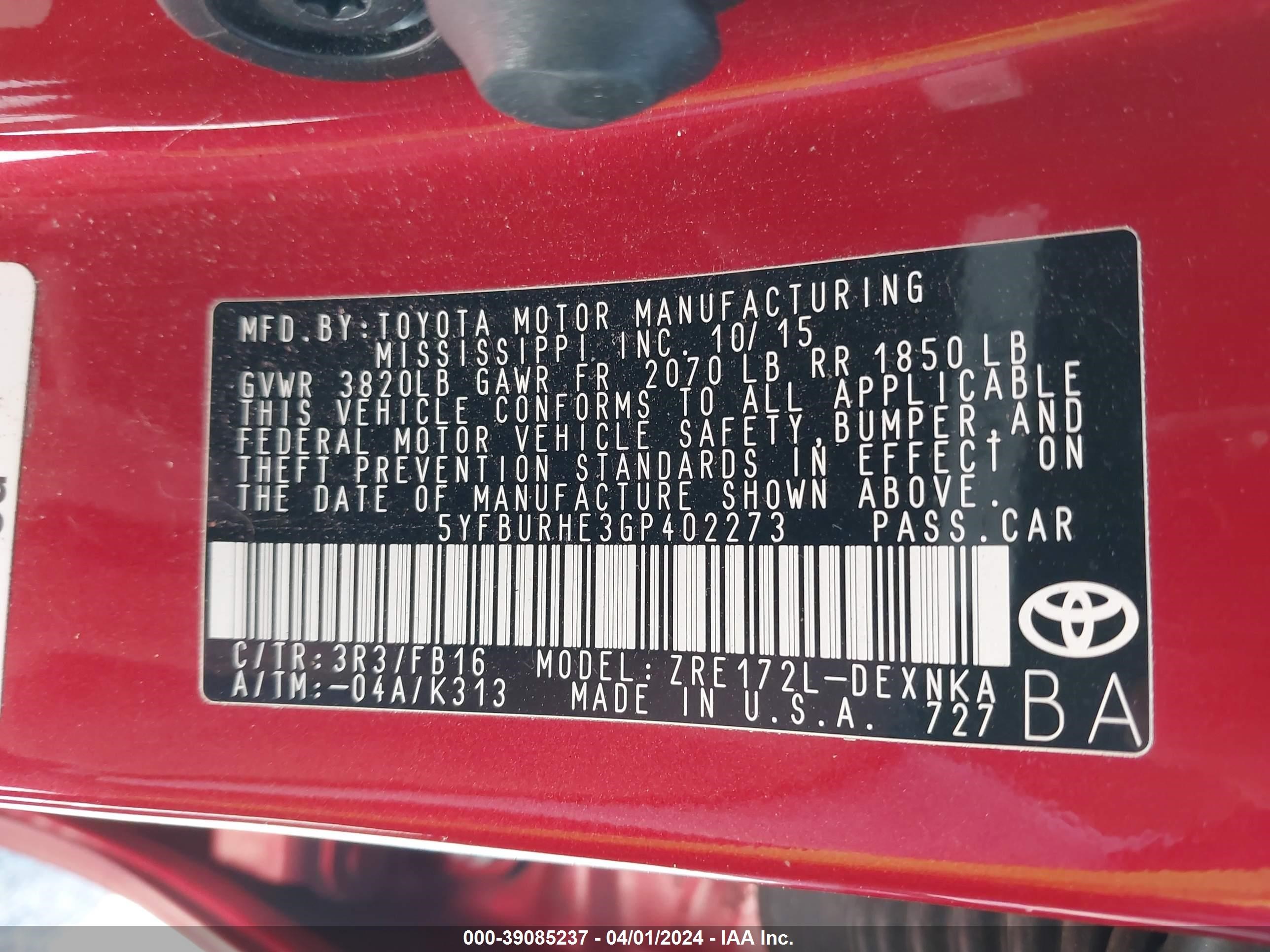 Photo 8 VIN: 5YFBURHE3GP402273 - TOYOTA COROLLA 