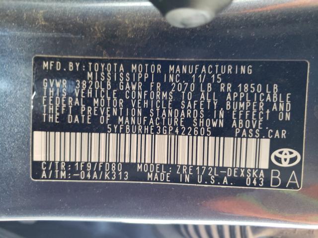 Photo 9 VIN: 5YFBURHE3GP422605 - TOYOTA COROLLA L 