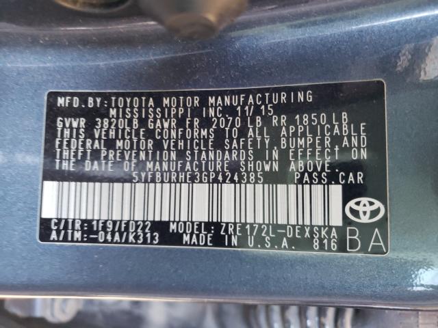 Photo 9 VIN: 5YFBURHE3GP424385 - TOYOTA COROLLA L 