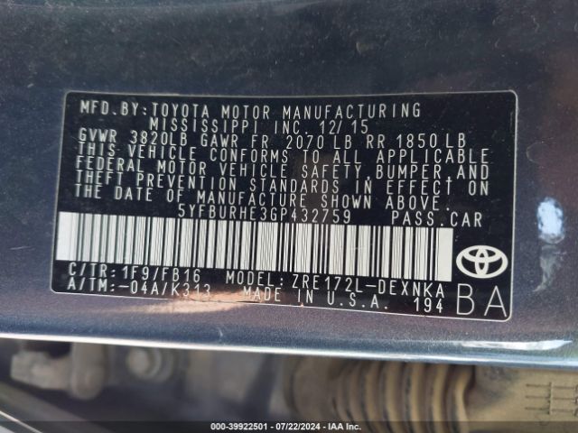 Photo 8 VIN: 5YFBURHE3GP432759 - TOYOTA COROLLA 