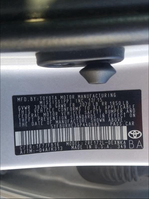 Photo 9 VIN: 5YFBURHE3GP440683 - TOYOTA COROLLA L 