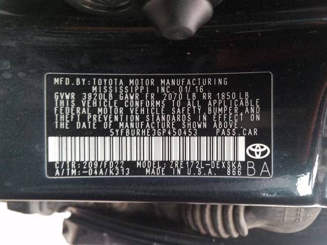 Photo 9 VIN: 5YFBURHE3GP450453 - TOYOTA COROLLA L 