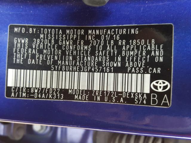 Photo 9 VIN: 5YFBURHE3GP457161 - TOYOTA COROLLA L 