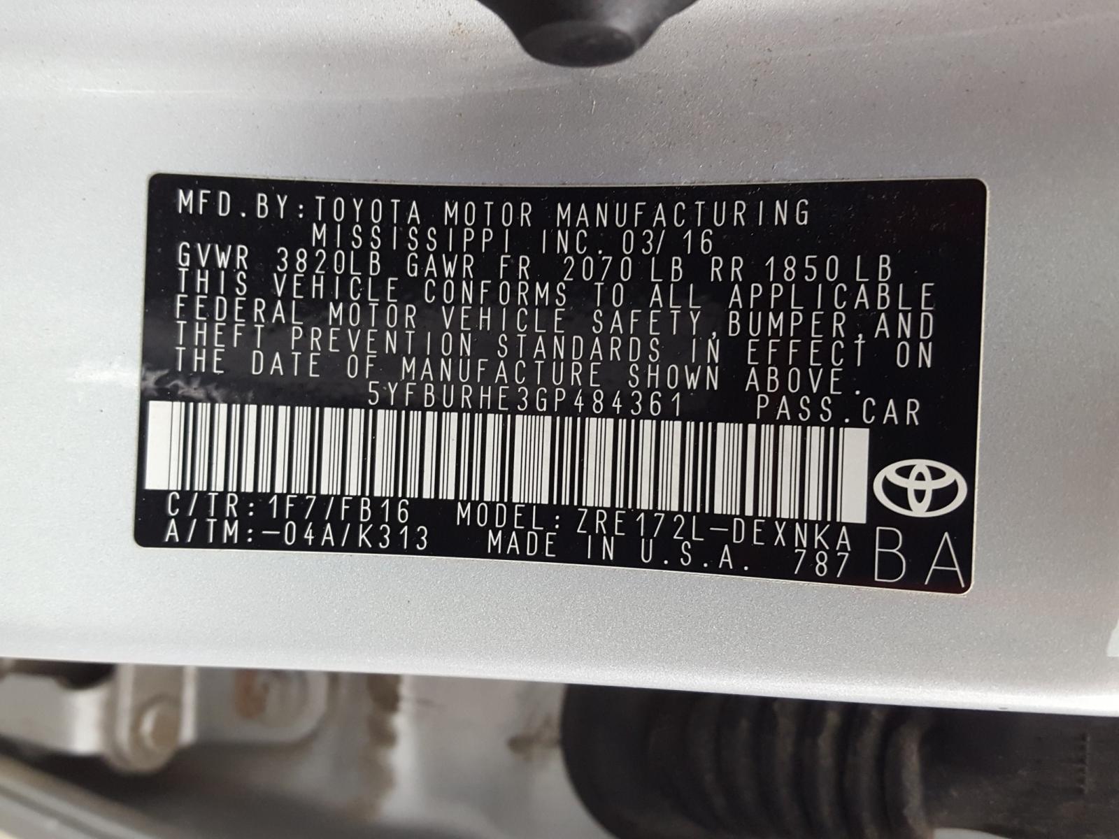 Photo 9 VIN: 5YFBURHE3GP484361 - TOYOTA COROLLA L 