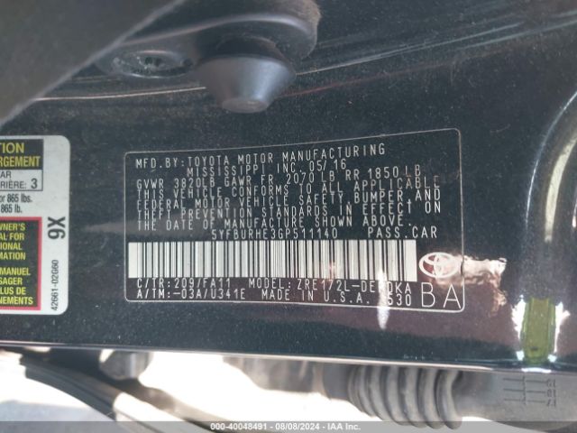 Photo 8 VIN: 5YFBURHE3GP511140 - TOYOTA COROLLA 