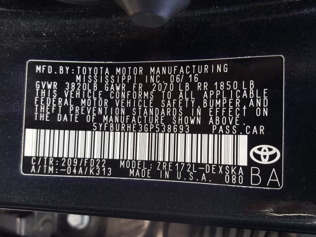 Photo 9 VIN: 5YFBURHE3GP538693 - TOYOTA COROLLA L 