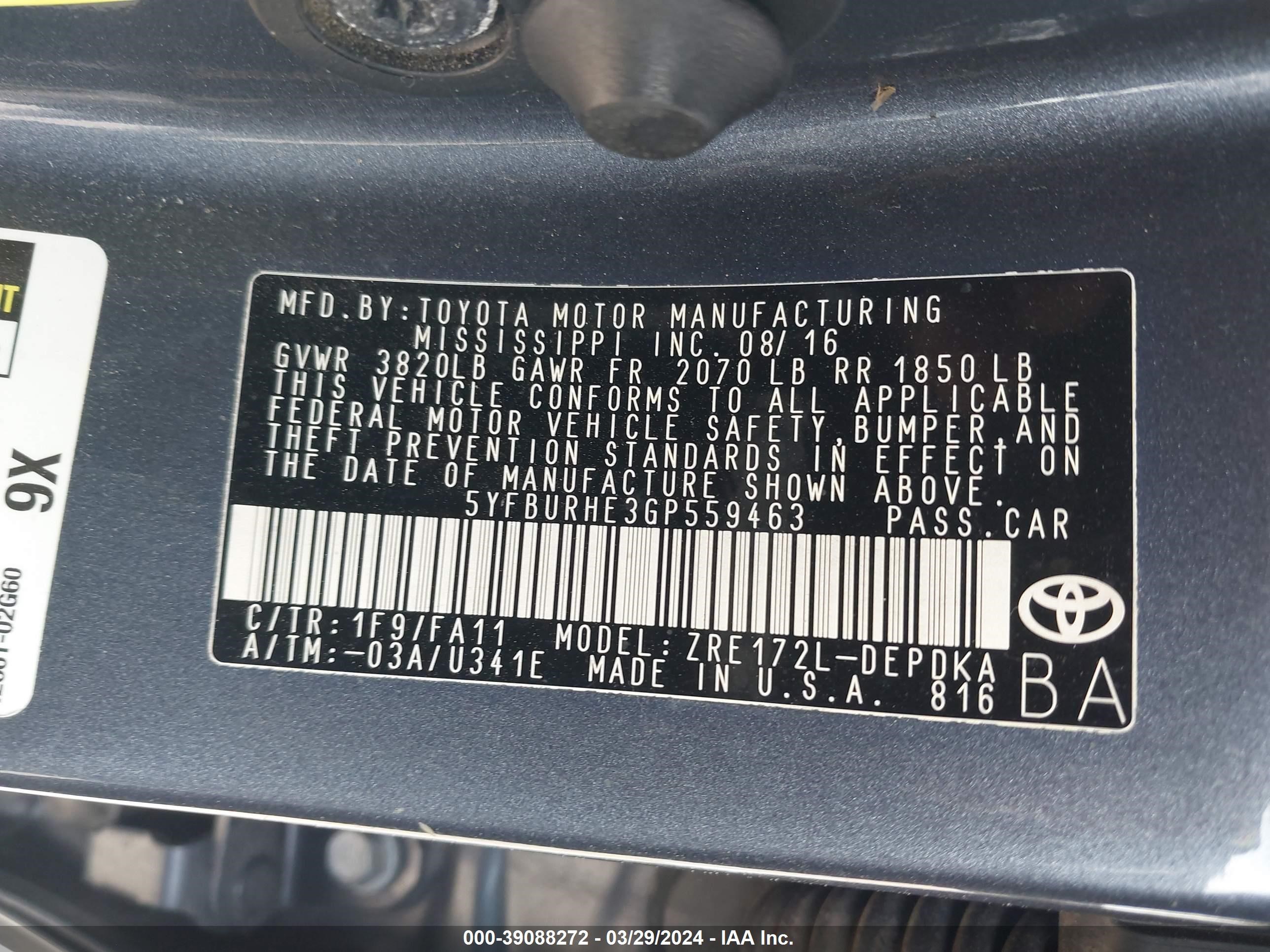 Photo 8 VIN: 5YFBURHE3GP559463 - TOYOTA COROLLA 