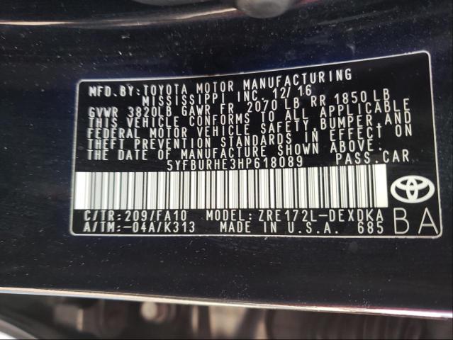 Photo 9 VIN: 5YFBURHE3HP618089 - TOYOTA COROLLA L 