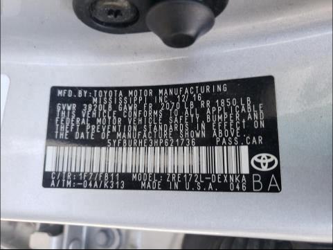 Photo 9 VIN: 5YFBURHE3HP621736 - TOYOTA COROLLA L 