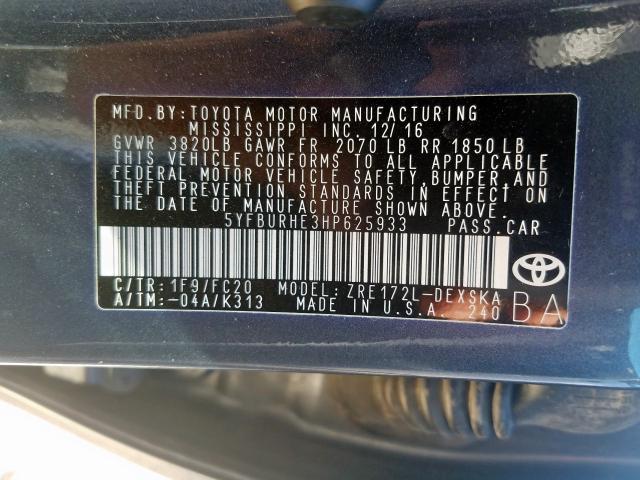 Photo 9 VIN: 5YFBURHE3HP625933 - TOYOTA COROLLA L 