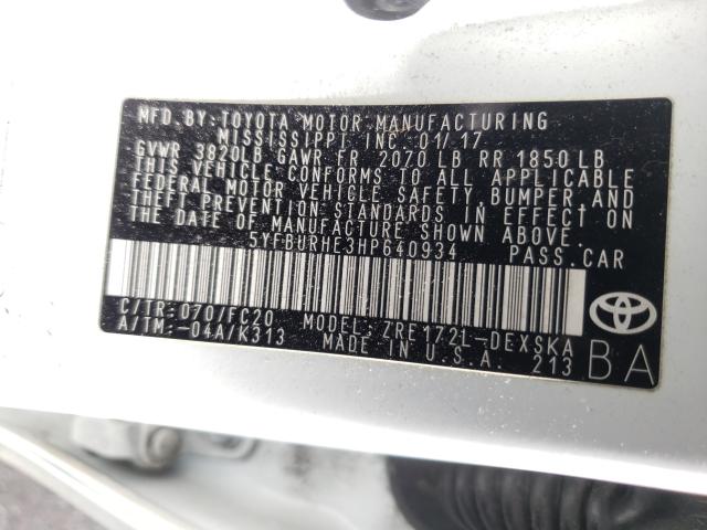 Photo 9 VIN: 5YFBURHE3HP640934 - TOYOTA COROLLA L 