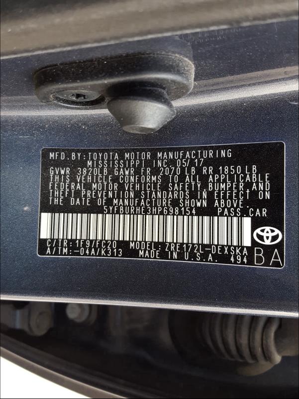 Photo 9 VIN: 5YFBURHE3HP698154 - TOYOTA COROLLA L 