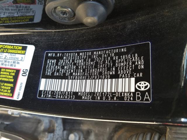 Photo 9 VIN: 5YFBURHE3JP831839 - TOYOTA COROLLA 