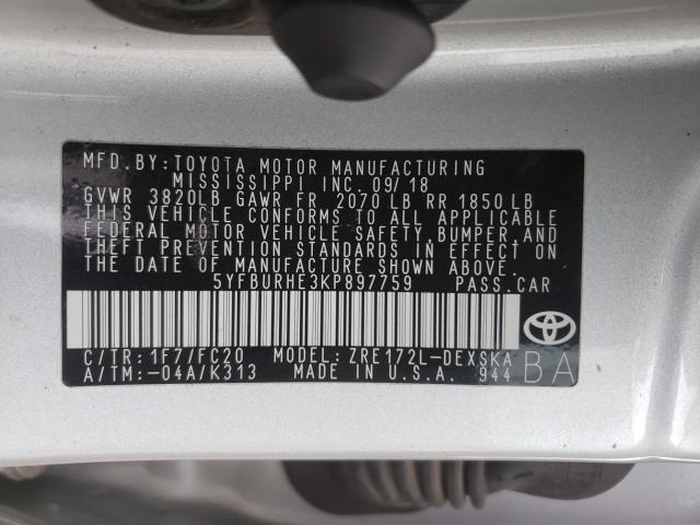 Photo 9 VIN: 5YFBURHE3KP897759 - TOYOTA COROLLA L 