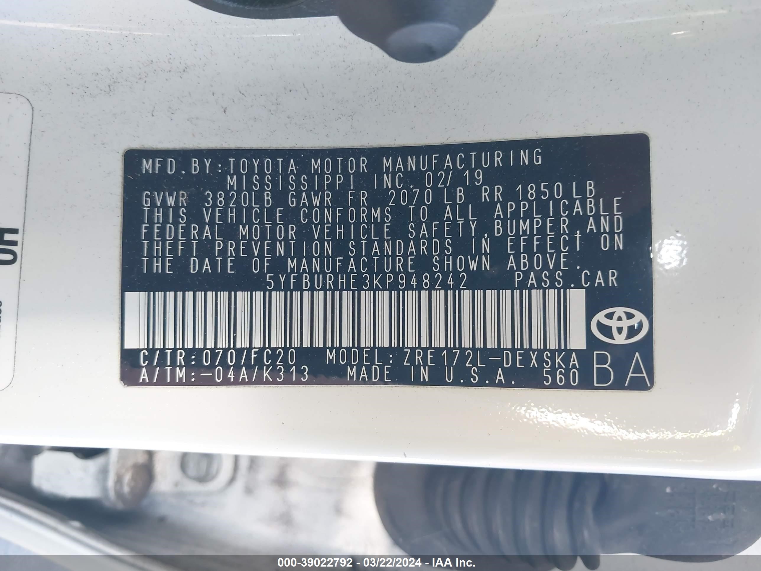 Photo 8 VIN: 5YFBURHE3KP948242 - TOYOTA COROLLA 