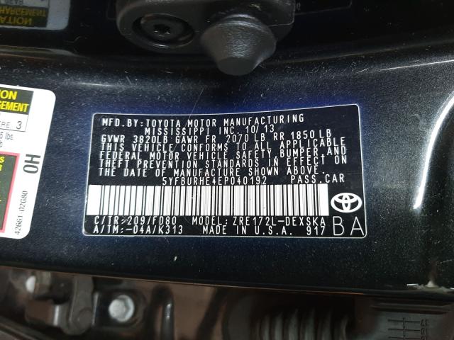 Photo 9 VIN: 5YFBURHE4EP040192 - TOYOTA COROLLA L 