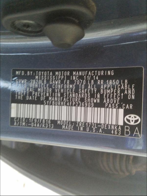 Photo 9 VIN: 5YFBURHE4FP236909 - TOYOTA COROLLA L 