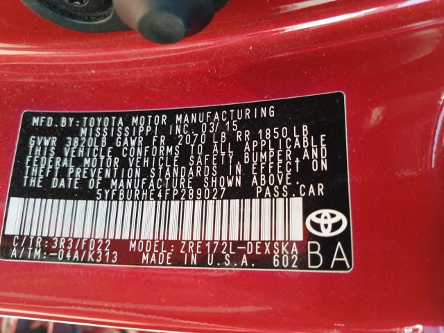 Photo 9 VIN: 5YFBURHE4FP289027 - TOYOTA COROLLA L 