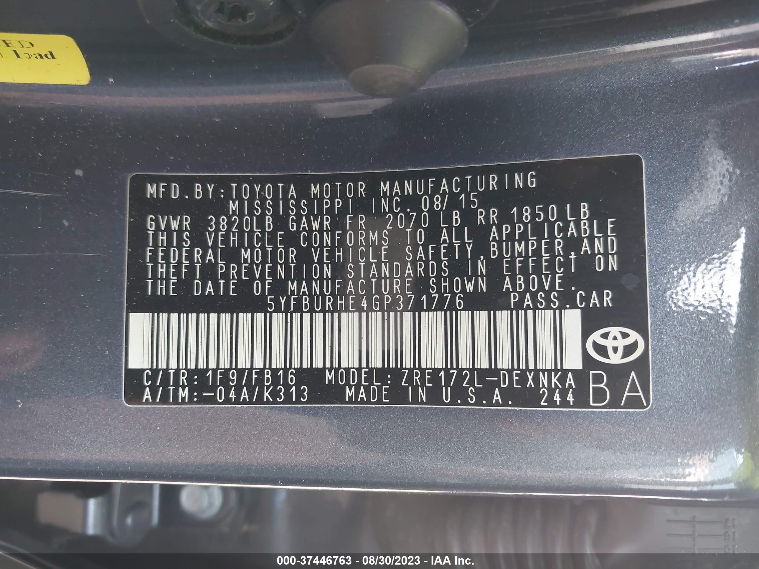 Photo 8 VIN: 5YFBURHE4GP371776 - TOYOTA COROLLA 