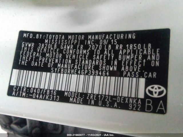 Photo 8 VIN: 5YFBURHE4GP399464 - TOYOTA COROLLA 