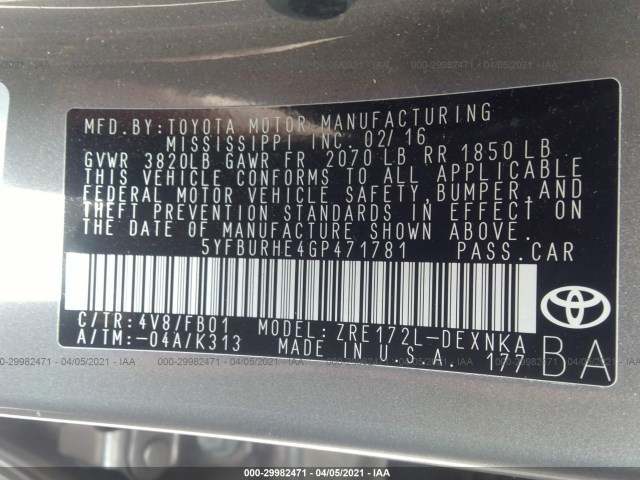 Photo 8 VIN: 5YFBURHE4GP471781 - TOYOTA COROLLA 