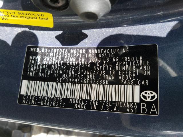 Photo 9 VIN: 5YFBURHE4GP476866 - TOYOTA COROLLA L 