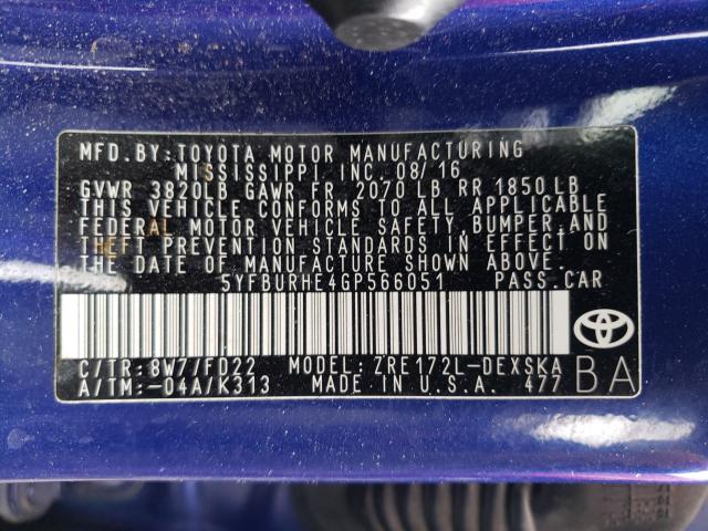 Photo 9 VIN: 5YFBURHE4GP566051 - TOYOTA COROLLA L 