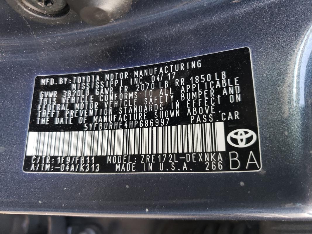 Photo 9 VIN: 5YFBURHE4HP686997 - TOYOTA COROLLA L 