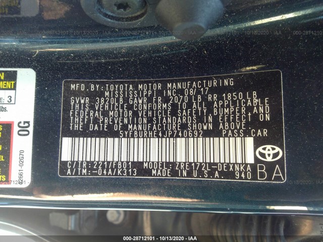 Photo 8 VIN: 5YFBURHE4JP740692 - TOYOTA COROLLA 