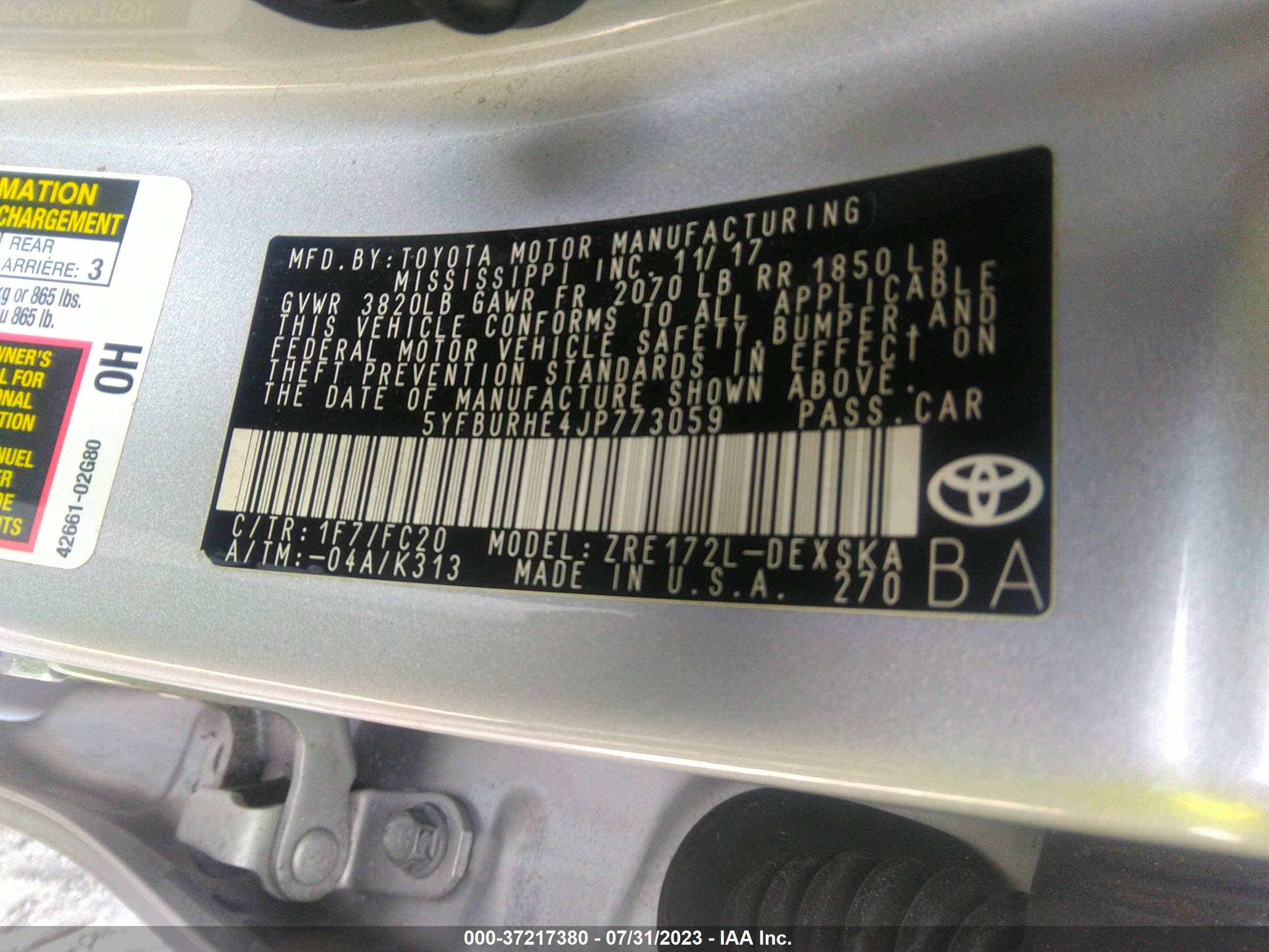 Photo 8 VIN: 5YFBURHE4JP773059 - TOYOTA COROLLA 