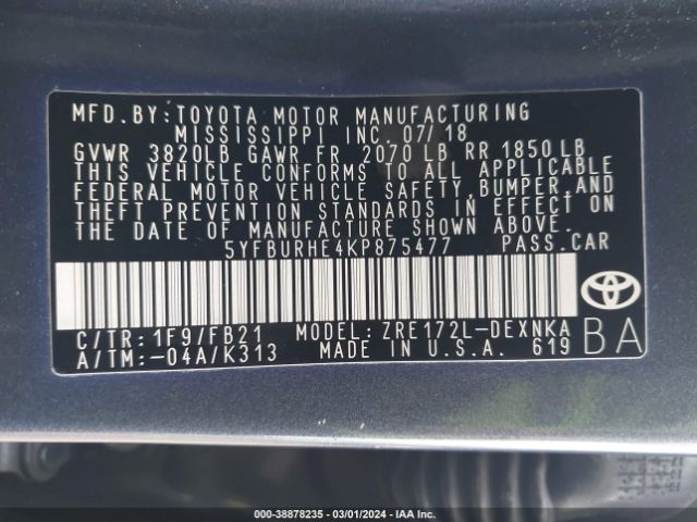 Photo 8 VIN: 5YFBURHE4KP875477 - TOYOTA COROLLA 