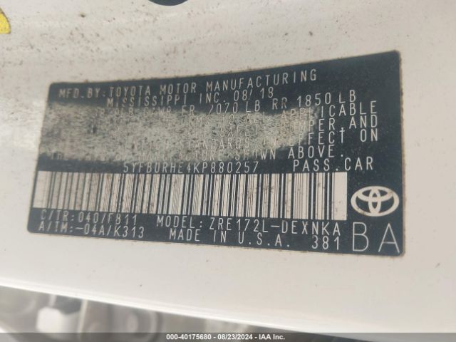 Photo 8 VIN: 5YFBURHE4KP880257 - TOYOTA COROLLA 