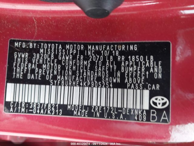 Photo 8 VIN: 5YFBURHE4KP905254 - TOYOTA COROLLA 