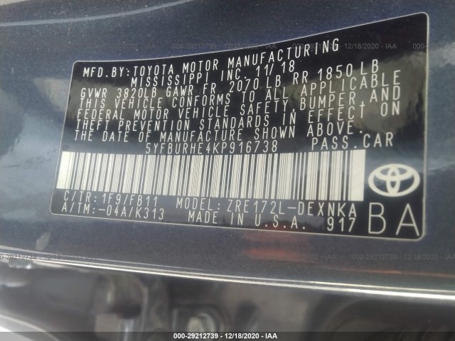 Photo 8 VIN: 5YFBURHE4KP916738 - TOYOTA COROLLA 