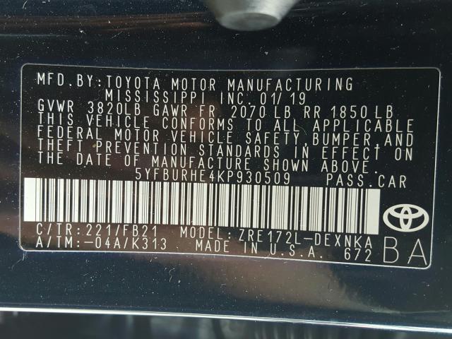 Photo 9 VIN: 5YFBURHE4KP930509 - TOYOTA COROLLA 