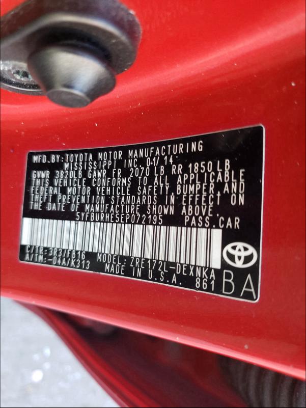 Photo 9 VIN: 5YFBURHE5EP072195 - TOYOTA COROLLA L 