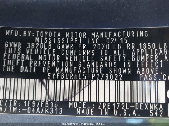 Photo 8 VIN: 5YFBURHE5FP278022 - TOYOTA COROLLA 