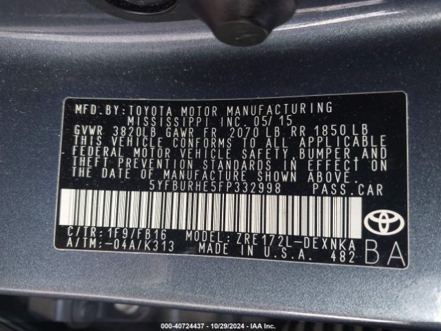 Photo 8 VIN: 5YFBURHE5FP332998 - TOYOTA COROLLA 