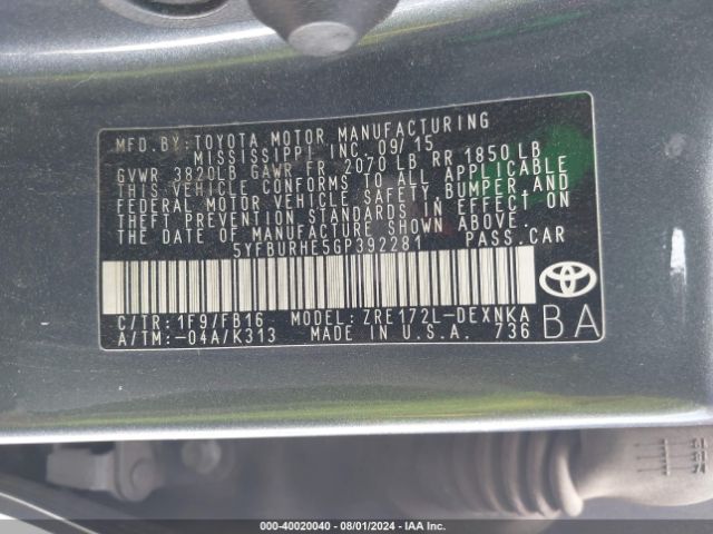 Photo 8 VIN: 5YFBURHE5GP392281 - TOYOTA COROLLA 