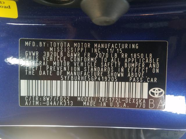 Photo 9 VIN: 5YFBURHE5GP419205 - TOYOTA COROLLA L 