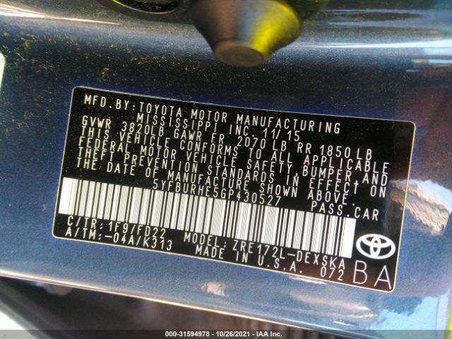 Photo 8 VIN: 5YFBURHE5GP430527 - TOYOTA COROLLA 