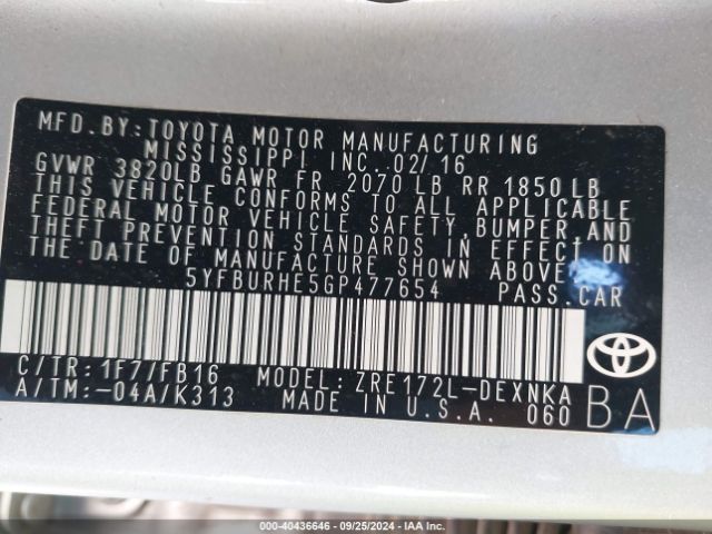 Photo 8 VIN: 5YFBURHE5GP477654 - TOYOTA COROLLA 