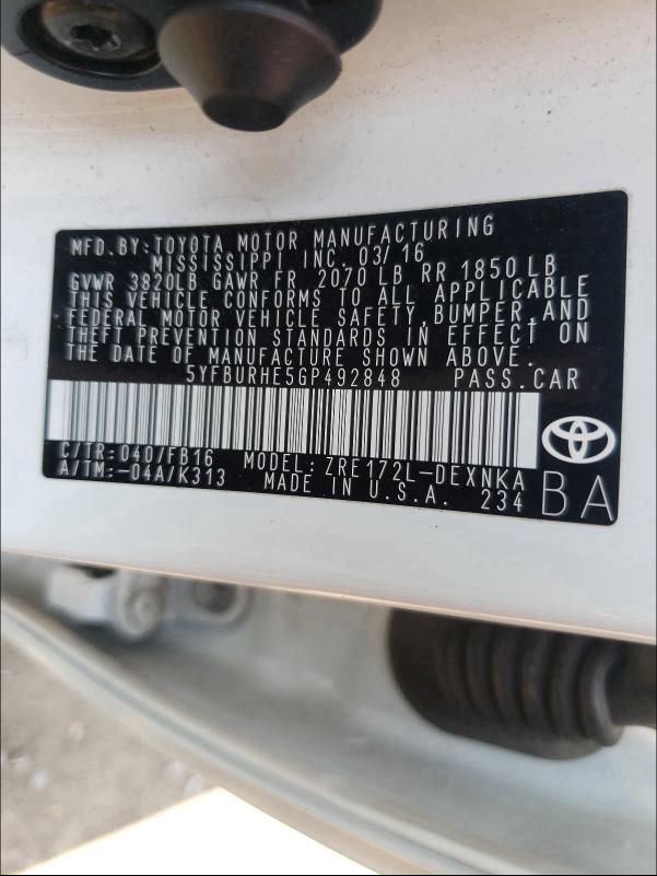 Photo 9 VIN: 5YFBURHE5GP492848 - TOYOTA COROLLA L 