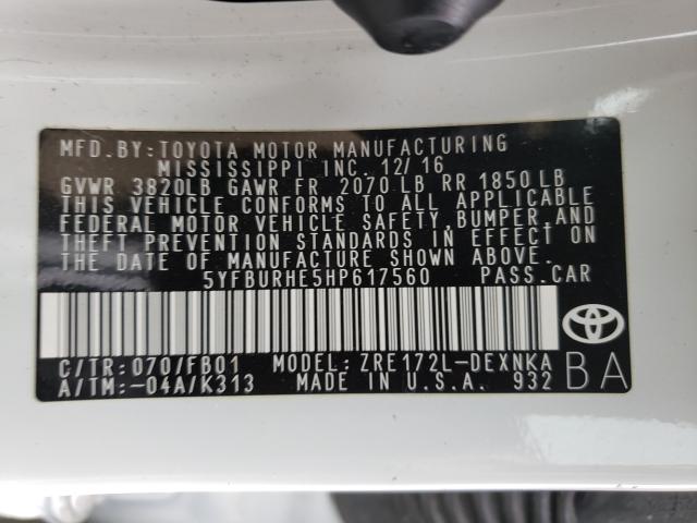 Photo 9 VIN: 5YFBURHE5HP617560 - TOYOTA COROLLA L 