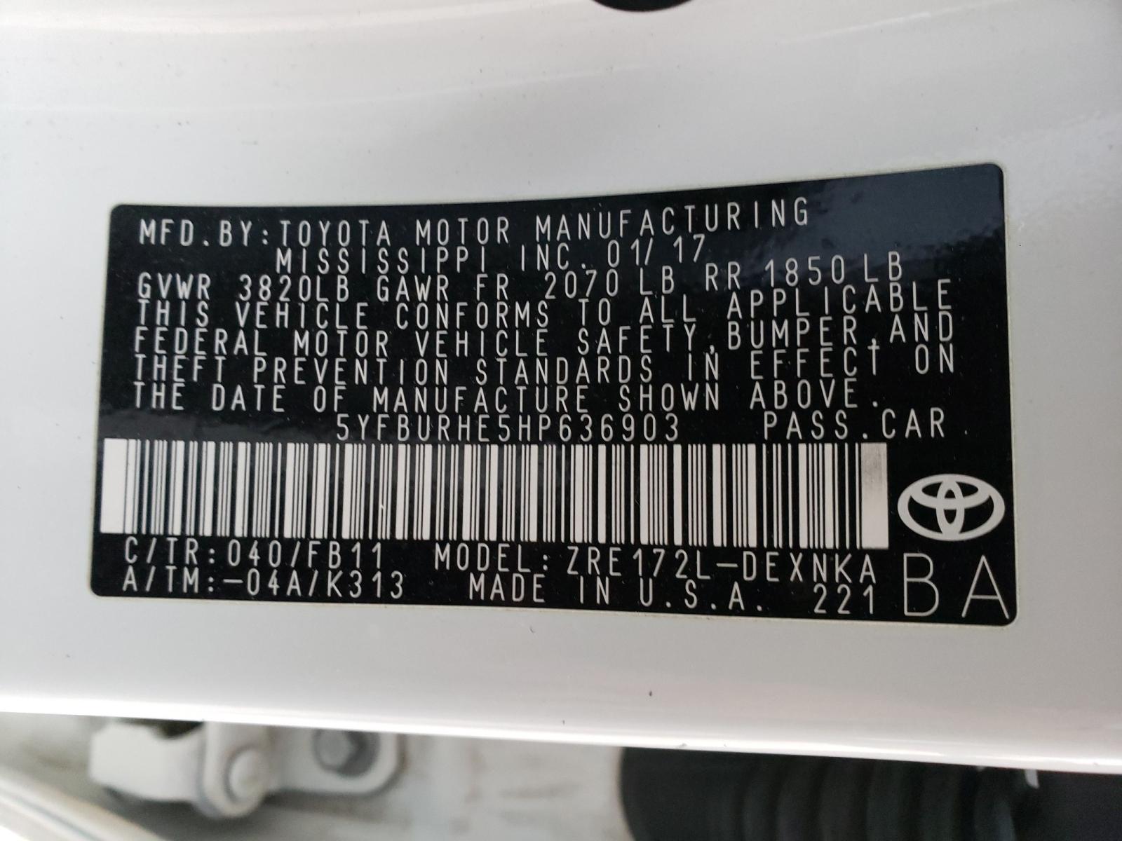 Photo 9 VIN: 5YFBURHE5HP636903 - TOYOTA COROLLA L 