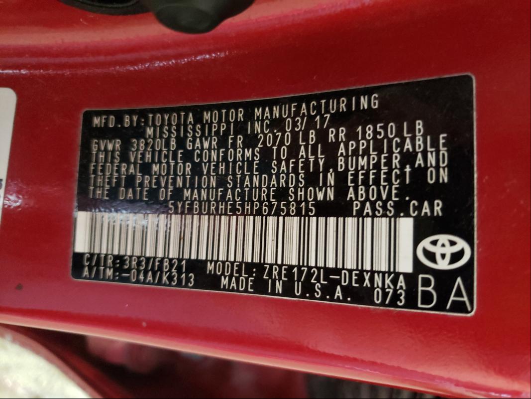 Photo 9 VIN: 5YFBURHE5HP675815 - TOYOTA COROLLA L 